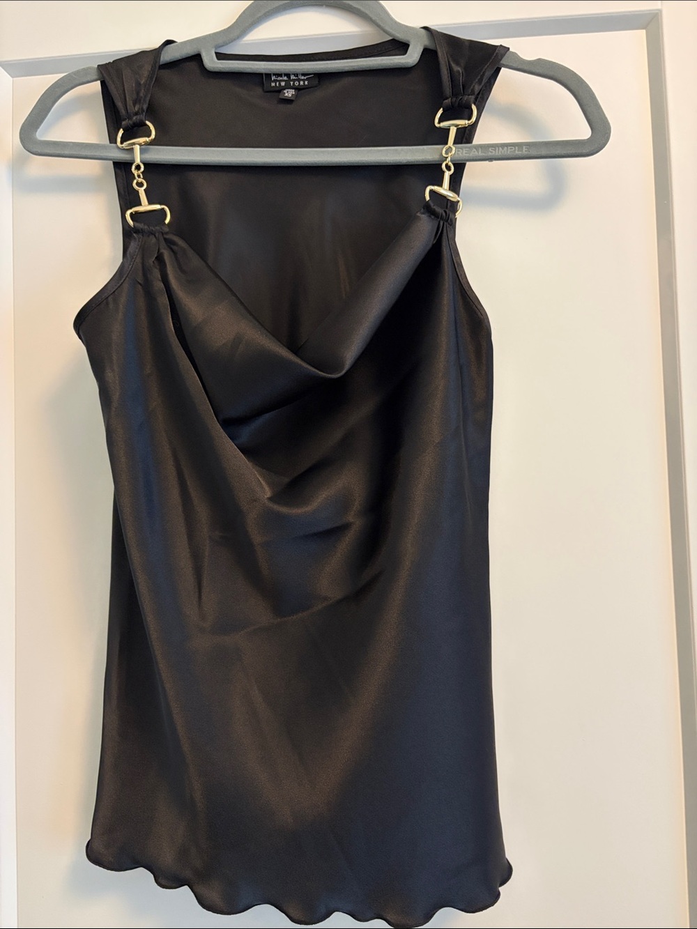 Nicole Miller Black Satin Strapless Cowl Neck top with Gold Hardware